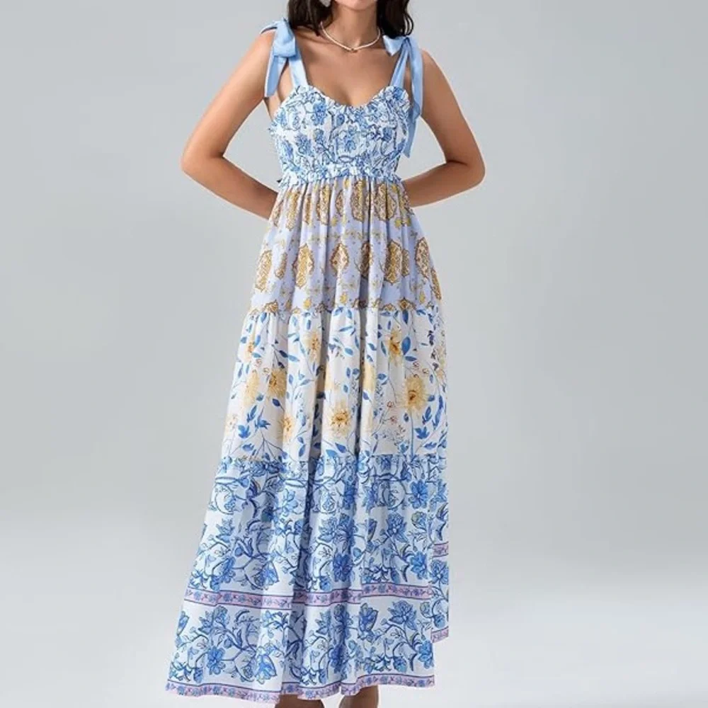 Floral Blue and White, Tie Shoulder Maxi Dress w/ pockets, Size Small - Picture 8 of 11